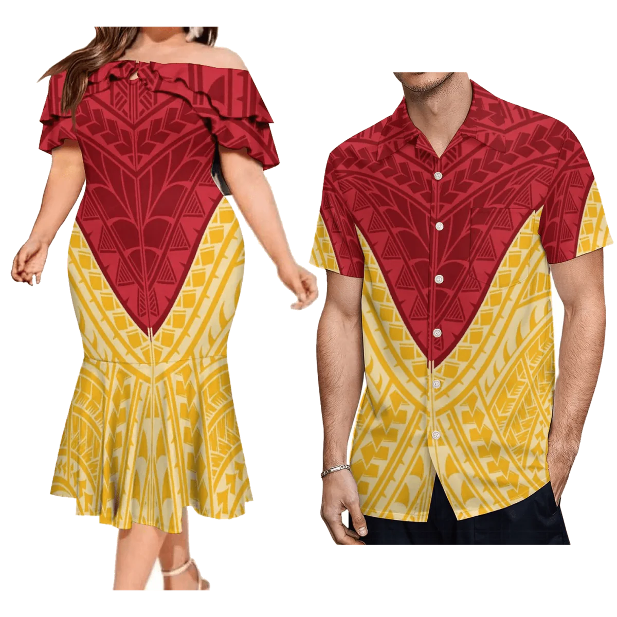 Polynesian couple suit featuring a men's Aloha shirt and a women's mermaid dress with tropical Hawaiian design.