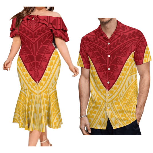 2023 New Custom Logo Big People Men Button Aloha Shirts And Women Mermaid Dress Hawaii Polynesian Personality Couple Suit - SHOWLU FASHION STORE