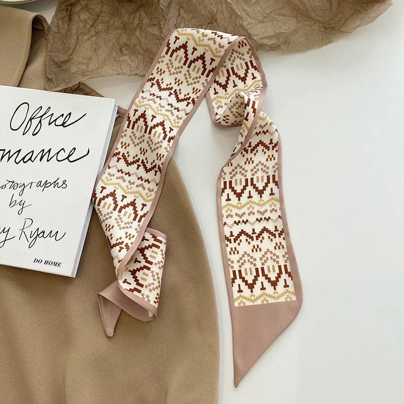 Showlu Silk Scarf Hair Band with long ribbon and letter print, stylish Korean-inspired hair accessory for women.