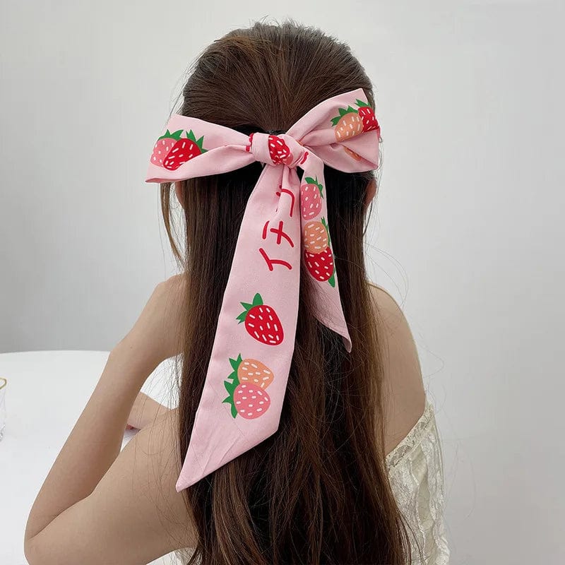Showlu Silk Scarf Hair Band with long ribbon and letter print, stylish bow tie for women’s ponytail and hair accessories.