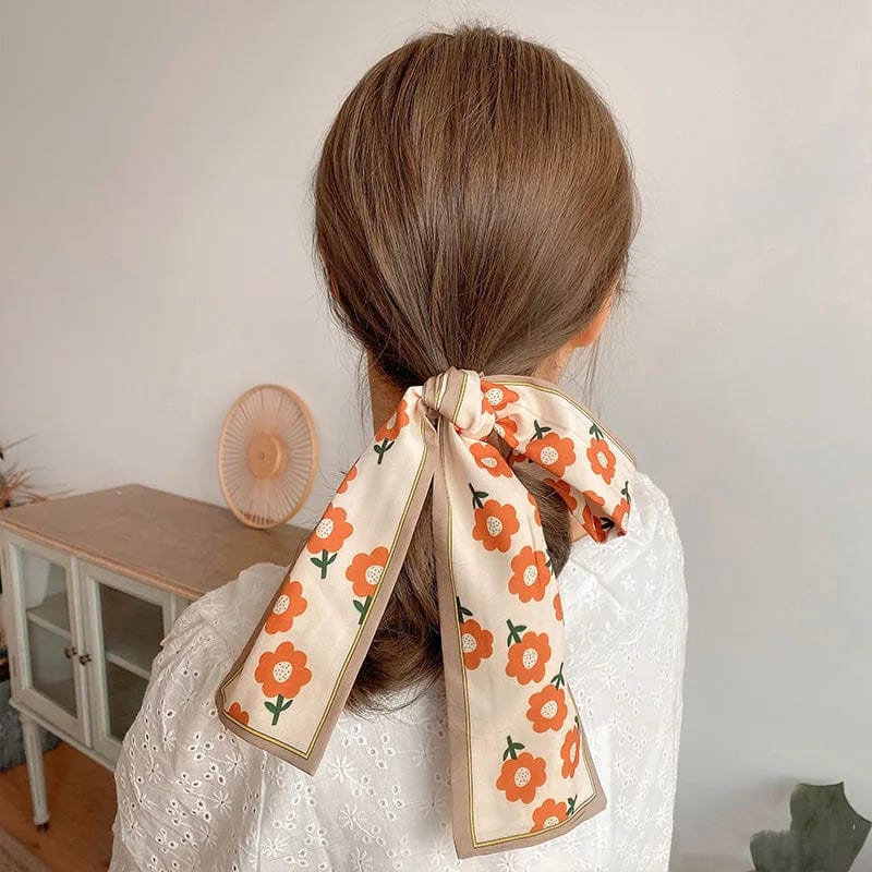 Showlu Silk Scarf Hair Band with long ribbon and letter print, stylish bow tie for women’s ponytail and hair accessories.