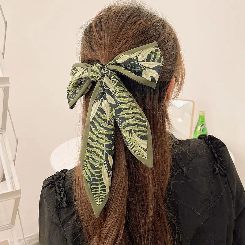 Showlu Silk Scarf Hair Band with Korean letter print, long ribbon bow, and stylish design for women's ponytail hair accessories.