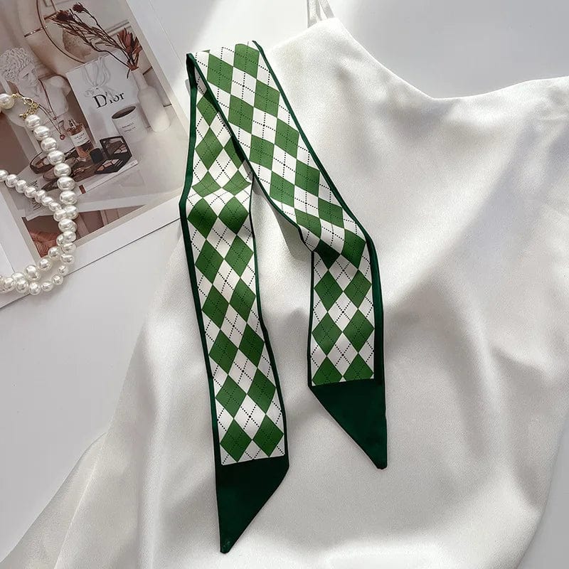 Showlu Silk Scarf Hair Band with long ribbon bow, Korean letter print, women's hair accessory for ponytails and stylish hairstyles.