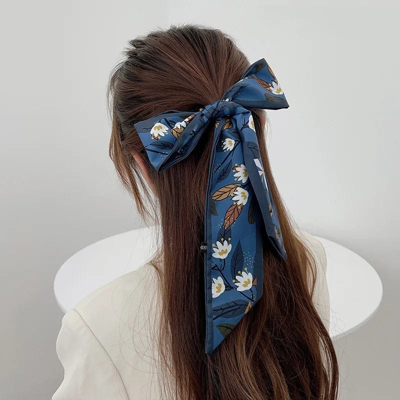 Showlu Silk Scarf Hair Band with long ribbon bow, Korean letter print, and stylish ponytail holder for women's hair accessories.