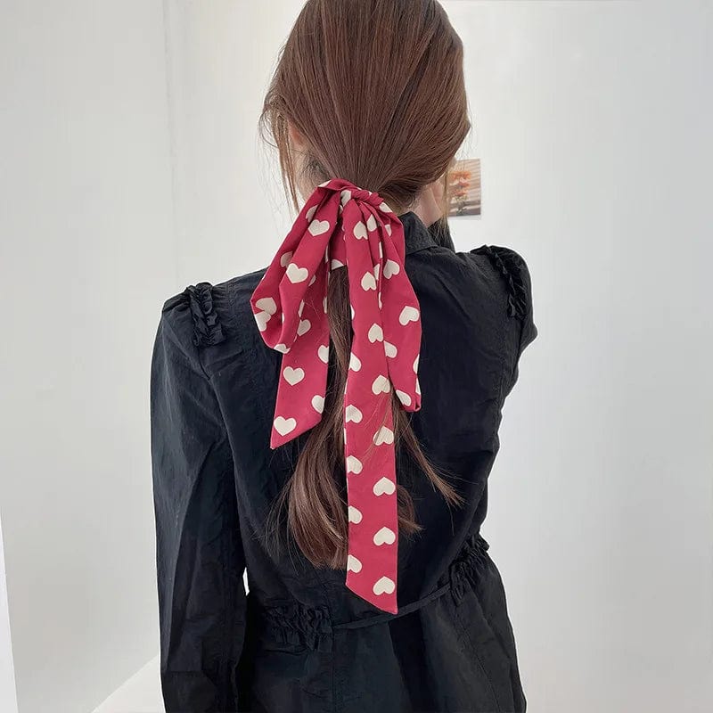 Showlu Silk Scarf Hair Band with letter print and bow tie, stylish women's hair accessory for ponytails and hair styling.