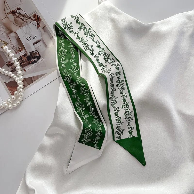 Showlu Silk Scarf Hair Band with long ribbon bow and letter print, stylish women's hair accessory for ponytails and hair styling.