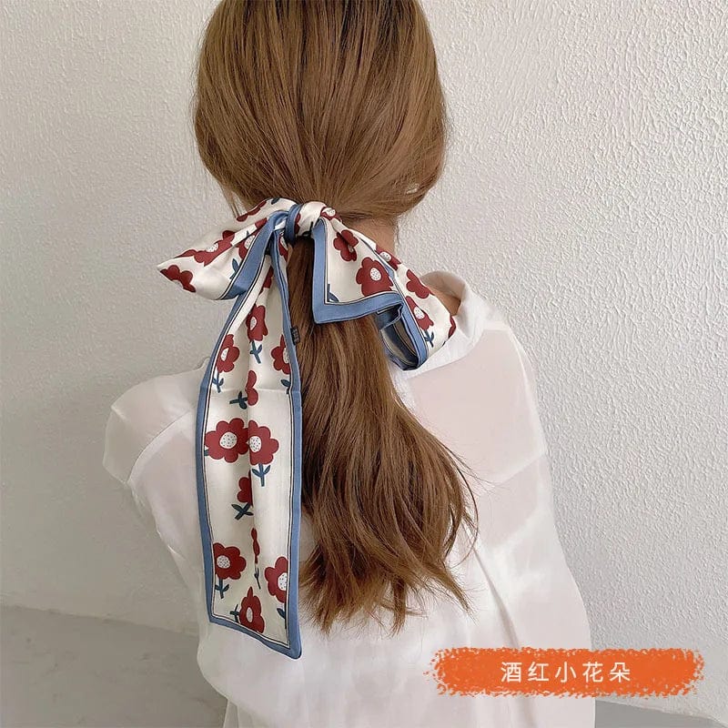 Showlu Silk Scarf Hair Band with long ribbon and letter print, stylish bow tie for women's hair accessories and ponytail holders.