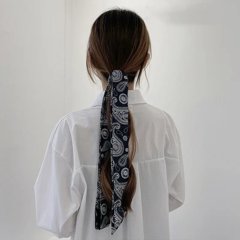 Showlu Silk Scarf Hair Band with long ribbon bow, Korean letter print, stylish hair accessory for women, ponytail holder.