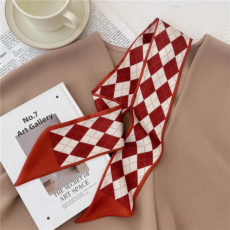 Showlu Silk Scarf Hair Band with long ribbon bow, letter print design, stylish hair accessory for women with ponytail holder.