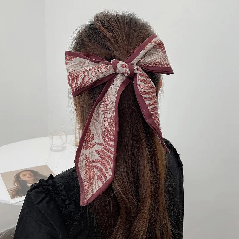 Showlu Silk Scarf Hair Band with long ribbon bow, Korean letter print, women's hair accessory, ponytail holder, stylish hair tie
