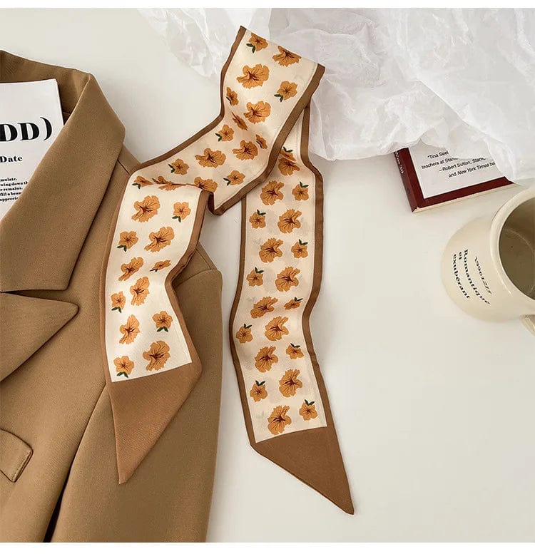 Showlu Silk Scarf Hair Band with long ribbon and bow, featuring Korean letter print, ideal for women's ponytail and hair accessories.