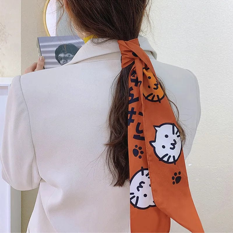 Showlu Silk Scarf Hair Band with long ribbon bow, letter print, Korean style, women’s hair accessory for ponytails and styling