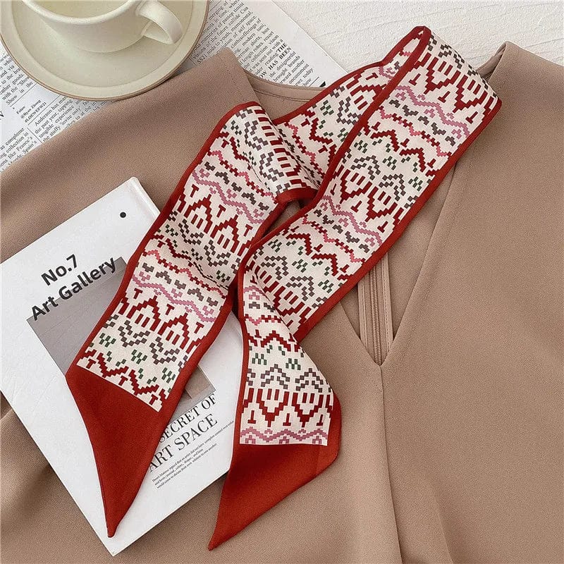 Showlu Silk Scarf Hair Band with long ribbon, letter print, and bow, designed for women's ponytail and hair accessories.