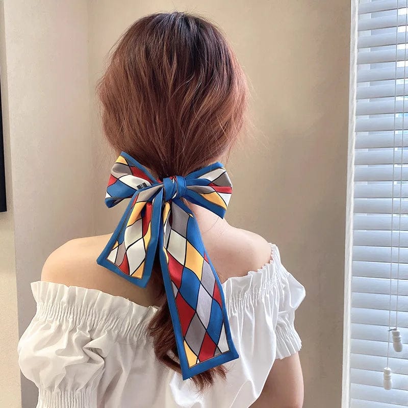 Showlu Silk Scarf Hair Band with long ribbon bow, letter print, Korean style, women's hair accessory, ponytail holder