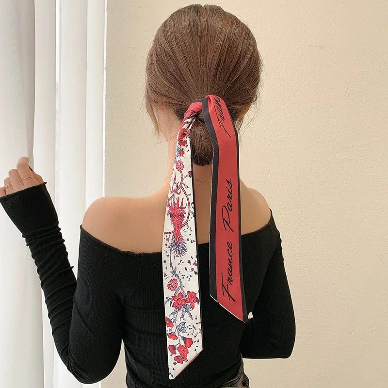 Showlu Silk Scarf Hair Band with letter print and ribbon bow, stylish women's hair accessory for ponytails and hair styling.