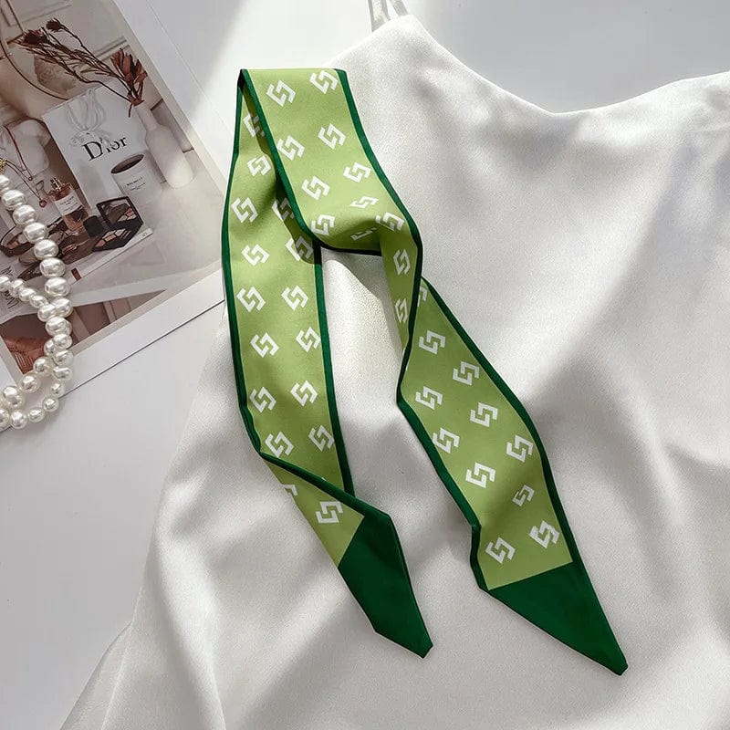 Showlu Silk Scarf Hair Band with long ribbon bow, Korean letter print, women’s hair accessory and ponytail holder.