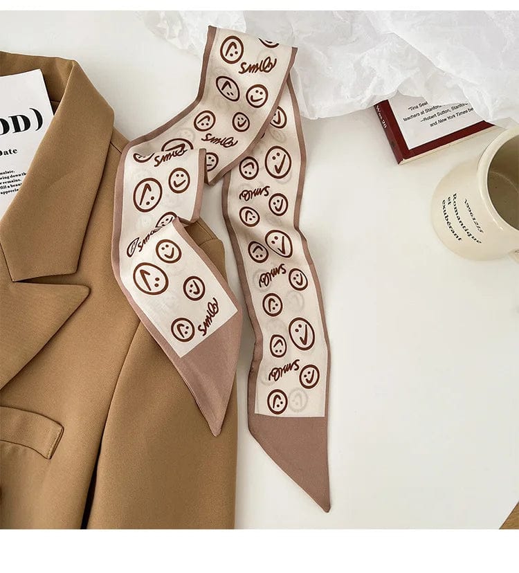Showlu Silk Scarf Hair Band with letter print and ribbon bow, stylish women's hair accessory for ponytails and hair styling.