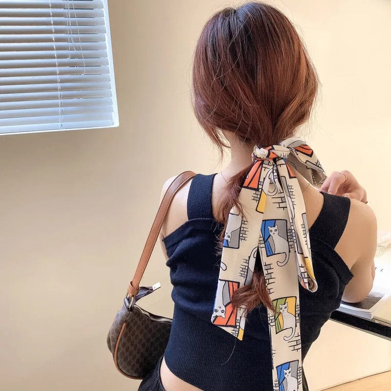 Showlu Silk Scarf Hair Band with letter print, long ribbon bow, Korean-style design, perfect for women's ponytail and hair accessories.