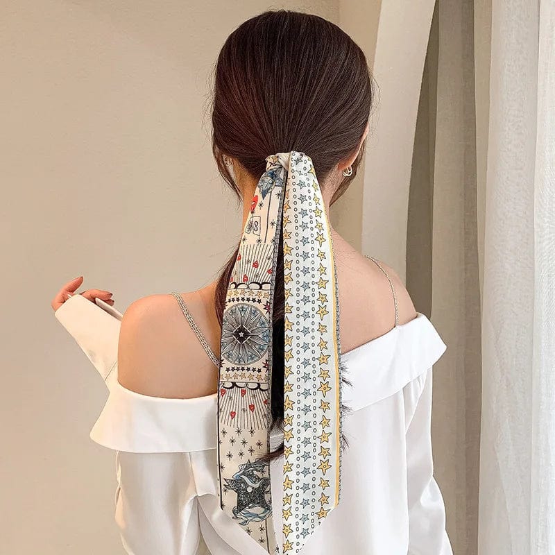 Showlu Silk Scarf Hair Band with long ribbon and bow, featuring letter print, ideal for women's ponytail and hair accessories.