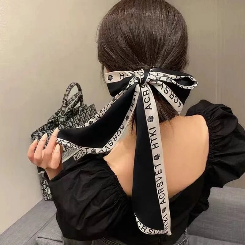 Showlu Silk Scarf Hair Band with long ribbon and letter print, stylish women's hair accessory for ponytails and hair styling.