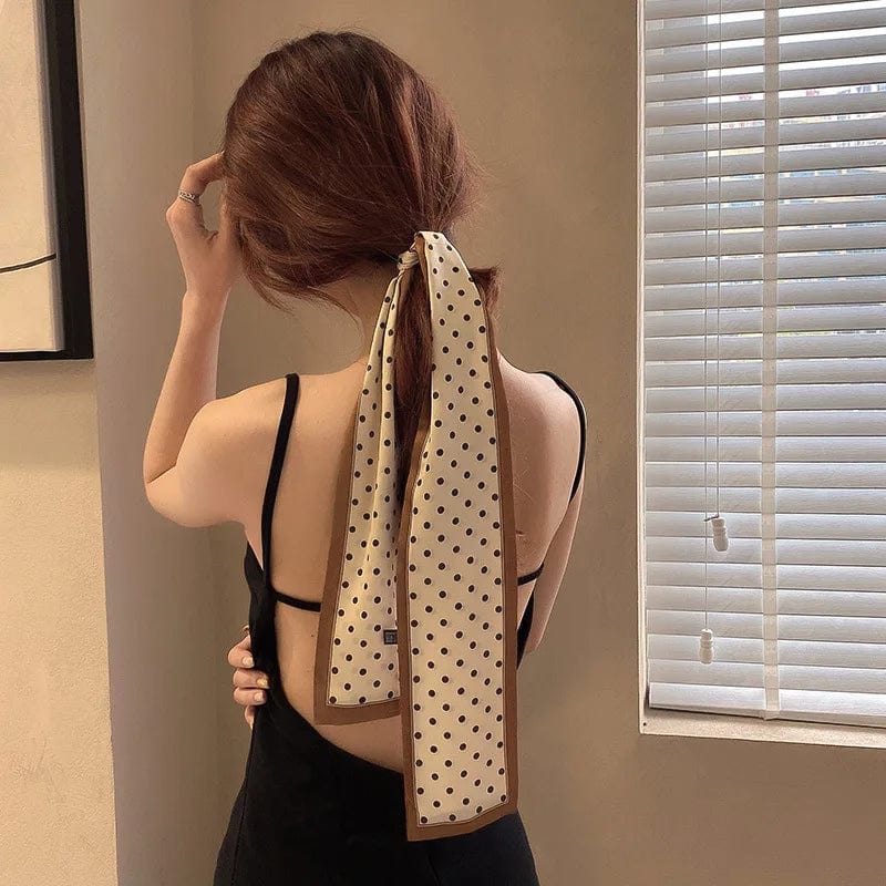 Showlu Silk Scarf Hair Band with long ribbon bow, Korean print, letter design, ideal for women’s ponytail and hair accessory.