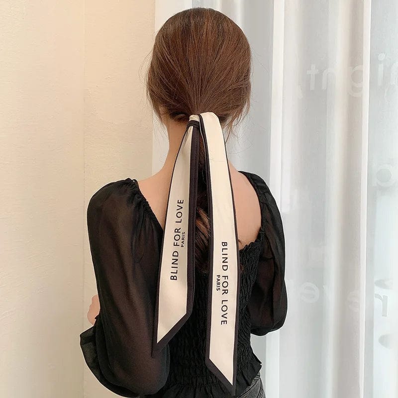 Showlu Silk Scarf Hair Band with long ribbon and letter print, stylish bow tie for women’s ponytail and hair accessories
