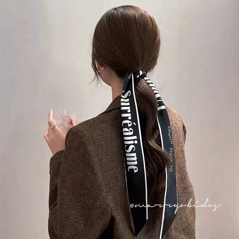 Showlu Silk Scarf Hair Band with long ribbon and letter print, stylish bow tie for women’s ponytail and hair accessories.