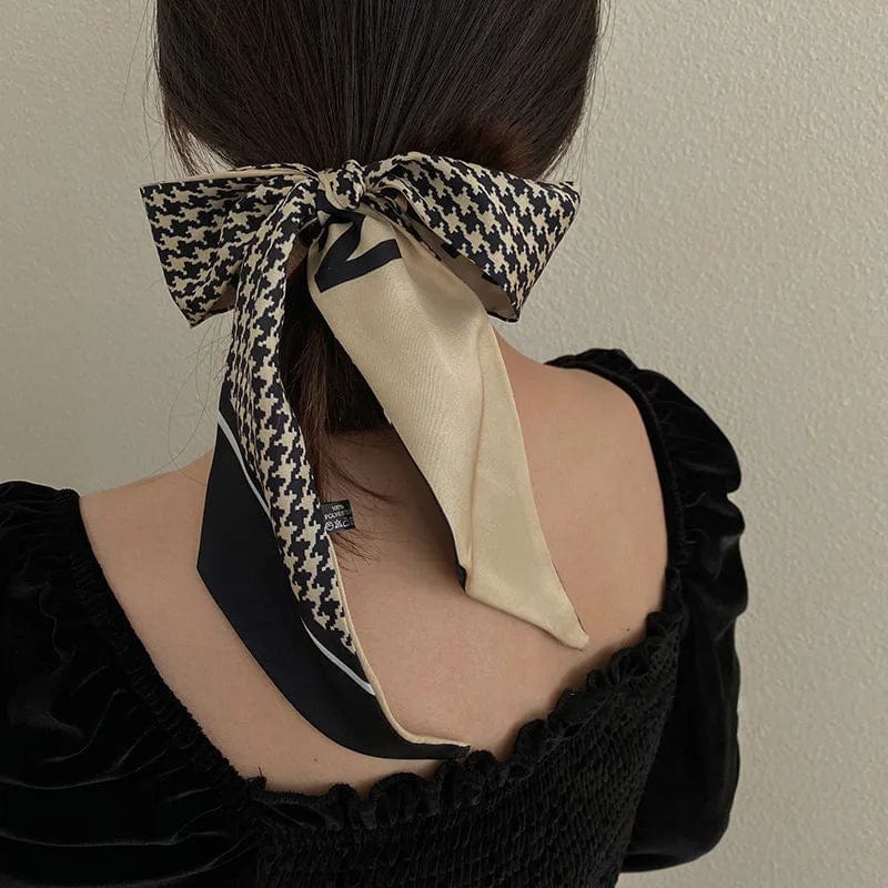 Showlu Silk Scarf Hair Band with long ribbon bow, letter print, Korean design, stylish hair accessory for women.