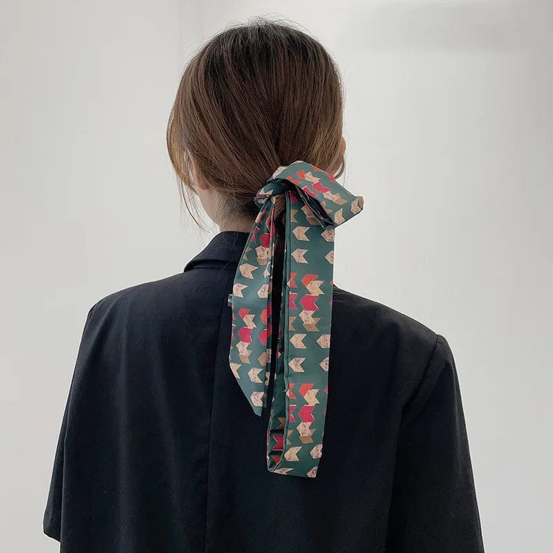 Showlu Silk Scarf Hair Band with long ribbon bow, letter print design, ideal for women’s ponytail and hair accessories.