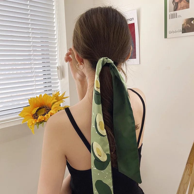 Showlu Silk Scarf Hair Band with letter print, ribbon bow, and long tail, stylish hair accessory for women with ponytail or hair styling.