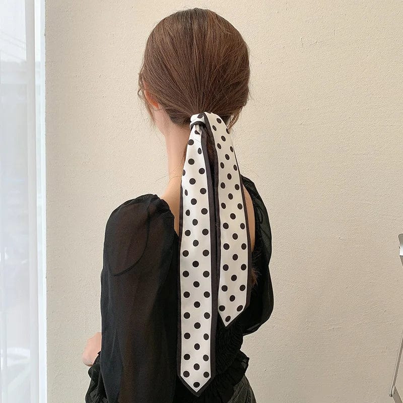 Showlu Silk Scarf Hair Band with letter print, long ribbon bow, Korean-style design, ideal for women's ponytail and hair accessories.