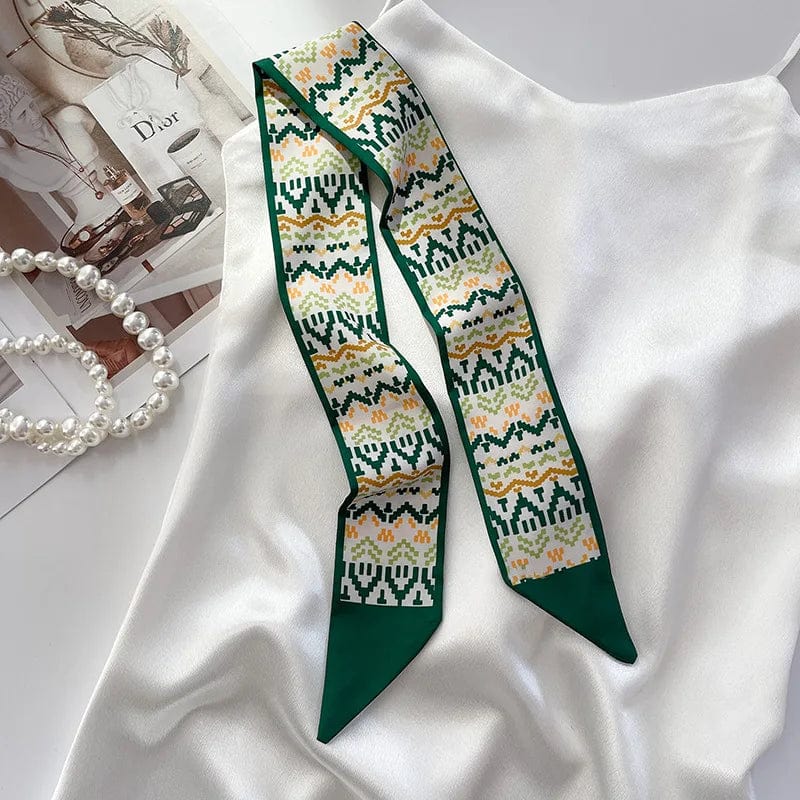 Showlu Silk Scarf Hair Band with letter print and ribbon bow, stylish women's hair accessory for ponytails and hair styling.