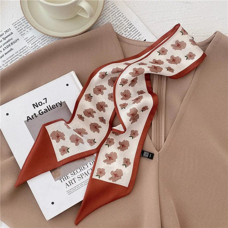 Showlu Silk Scarf Hair Band with long ribbon bow, letter print design, stylish women's hair accessory for ponytails.
