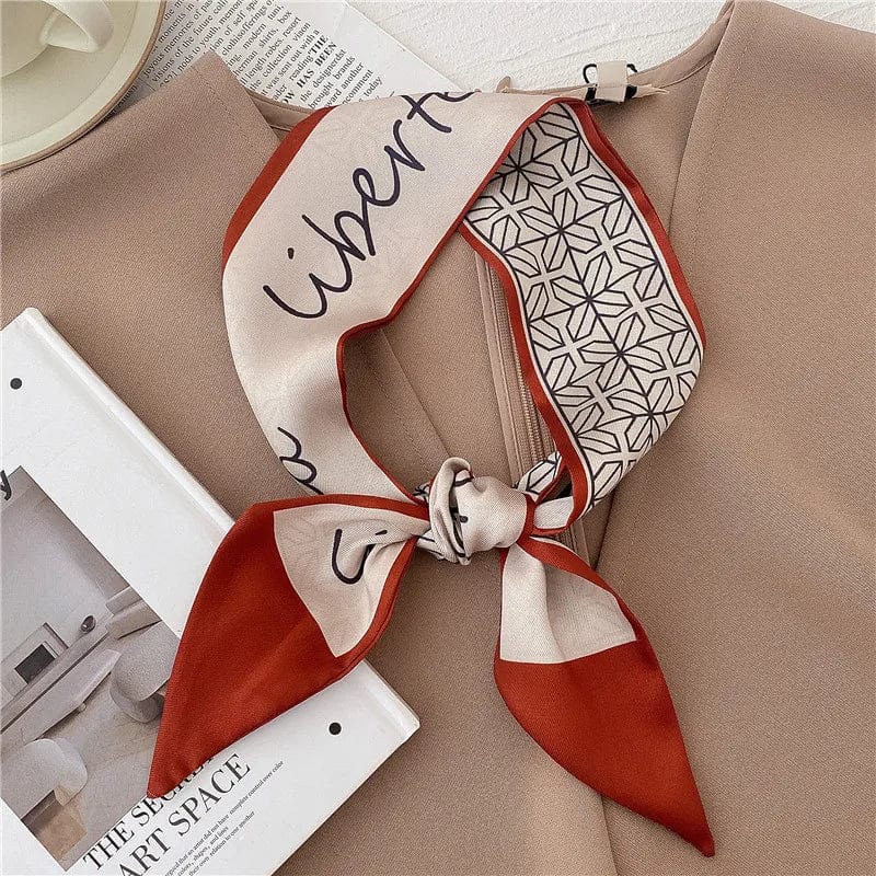 Showlu Silk Scarf Hair Band with long ribbon and letter print, stylish women's hair accessory, perfect for ponytails and hair styling.