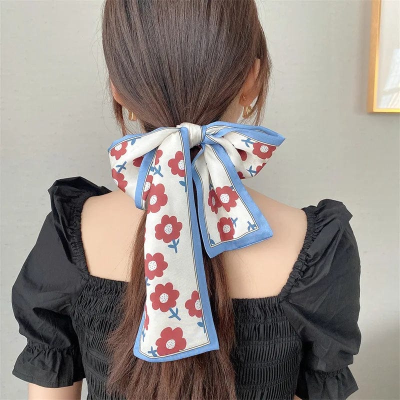 Showlu Silk Scarf Hair Band with long ribbon bow, letter print design, perfect for women's ponytail and hair accessory styling.