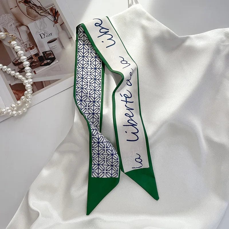 Showlu Silk Scarf Hair Band with long ribbon and letter print, stylish bow tie for women's hair accessories and ponytail holder
