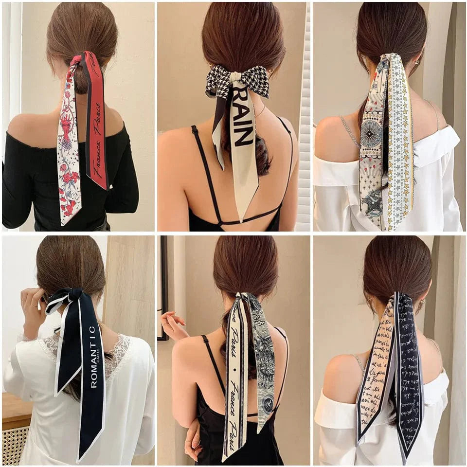 Showlu Silk Scarf Hair Band with long ribbon bow, letter print, Korean-style design, perfect for women's ponytail and hair accessories.