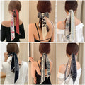 Showlu Silk Scarf Hair Band with long ribbon bow, letter print, Korean-style design, perfect for women's ponytail and hair accessories.