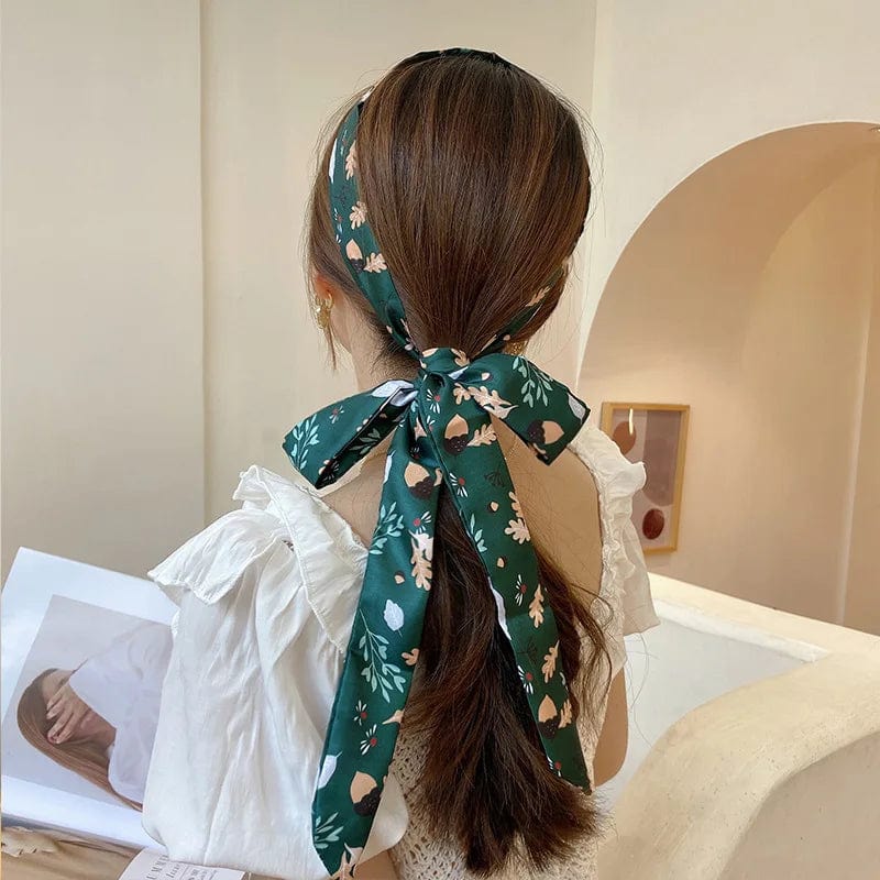 Showlu Silk Scarf Hair Band with long ribbon bow, letter print design, stylish women's hair accessory for ponytails and hairstyles.