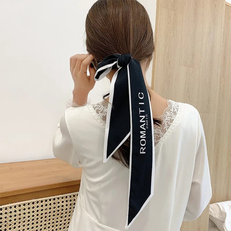 Showlu Silk Scarf Hair Band with long ribbon bow, letter print, perfect for women's ponytail and hair accessories.
