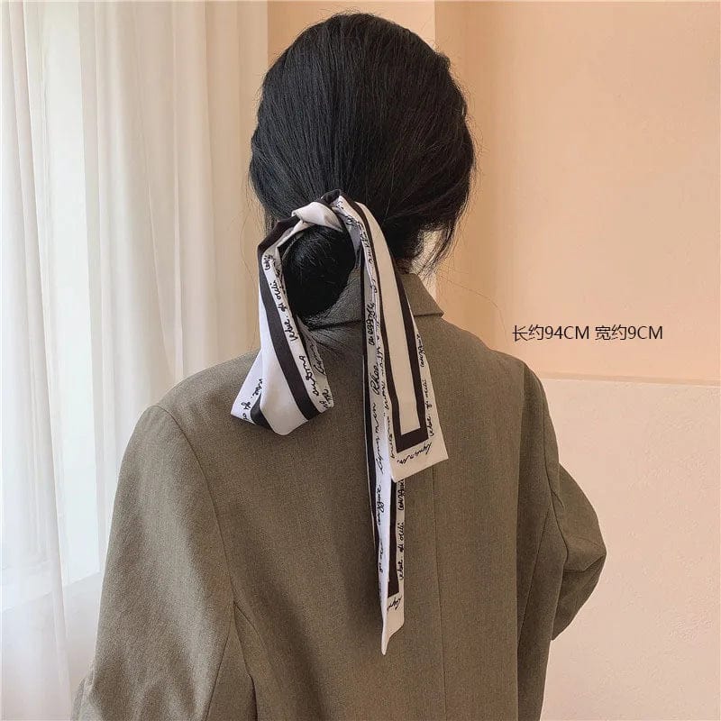 Showlu Silk Scarf Hair Band with long ribbon bow, letter print, Korean style, women's hair accessory, ponytail holder