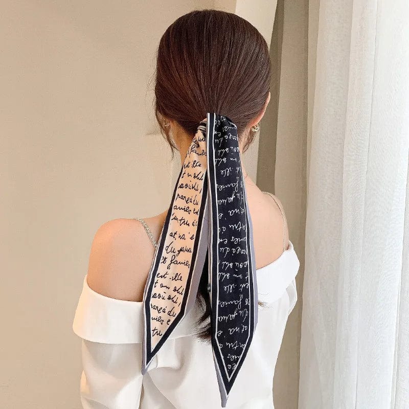 Showlu Silk Scarf Hair Band with Korean letter print, long ribbon bow, women's hair accessory for ponytails and stylish styling.