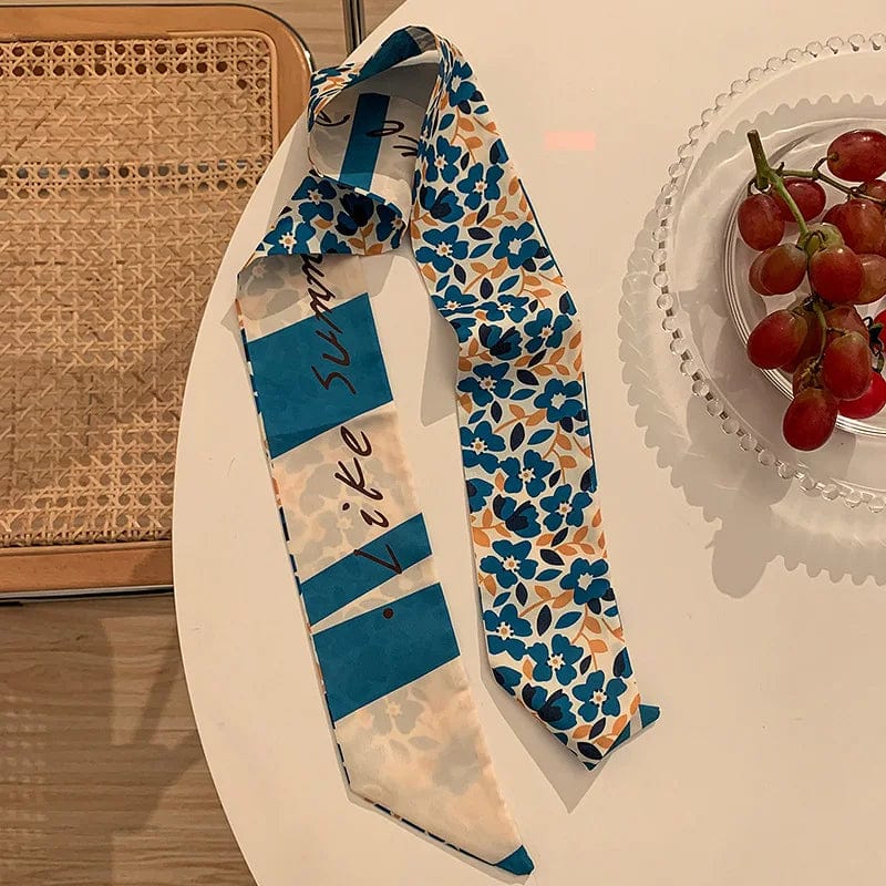 Showlu Silk Scarf Hair Band with Korean letter print, long ribbon bow, perfect for women’s ponytail and hair accessories.