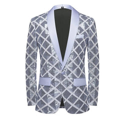 A men's single-breasted blazer featuring a silver square sequin pattern and solid light-colored lapels.