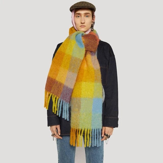 Colorful plaid cashmere scarf with long tassels, thick and warm winter shawl for men and women, soft and cozy neck wrap.