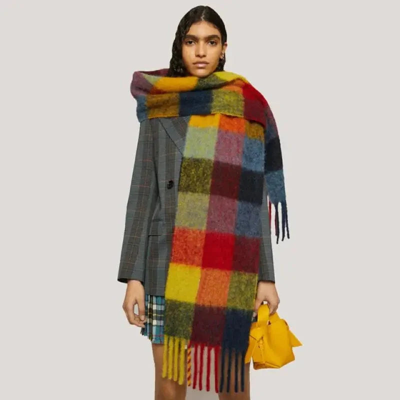 Colorful plaid cashmere scarf by Showlu Fashion Store, thick warm winter shawl with tassels, soft and cozy neck wrap for men and women.
