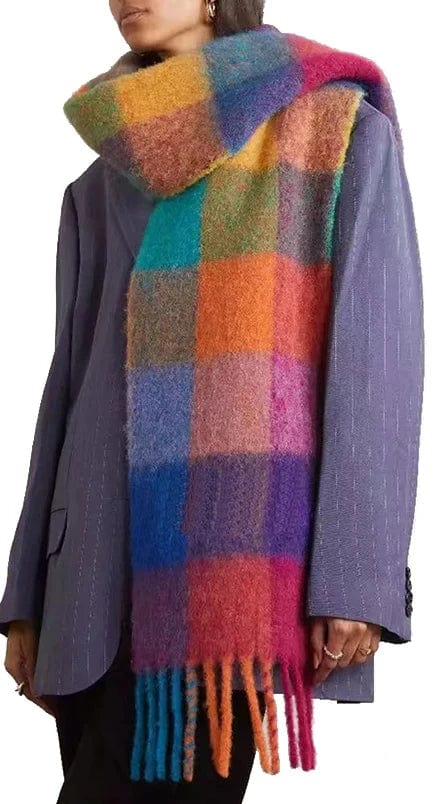 Runmeifa cashmere plaid scarf with tassels, thick and warm winter shawl, soft colorful blanket-style neck wrap for men and women.