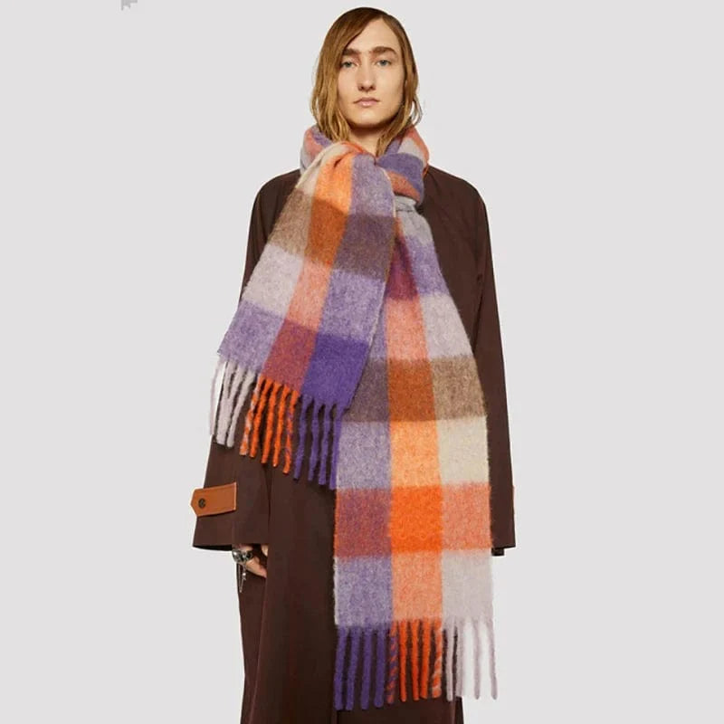 Cashmere plaid scarf from Showlu Fashion Store, thick warm winter shawl with colorful pattern, long tassels, and soft, cozy fabric.