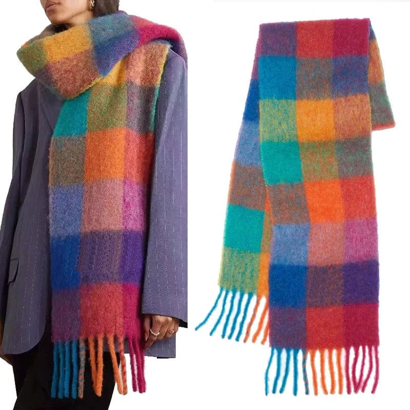 Colorful plaid cashmere scarf from Showlu Fashion Store, thick warm winter shawl with long tassels and soft, cozy fabric.