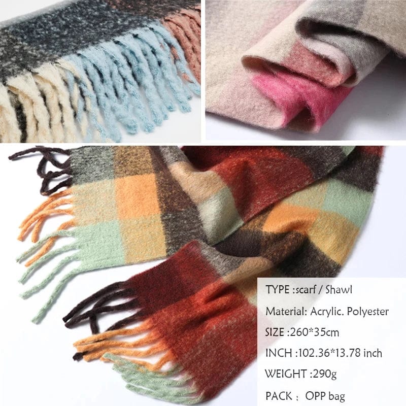 Cashmere plaid scarf from Showlu Fashion Store, thick warm winter shawl with colorful pattern and long tassels, soft and cozy.